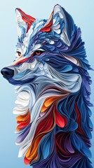  Colorful paper art captures the intricate details of a wolf's head in vibrant hues and textures with a blue background