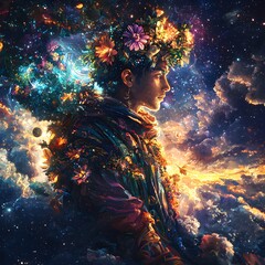 Aufkleber - Hermes depicted in Digital painting set in Celestial sky evoking a Mysterious mood illuminated by Candlelit with a Close-up hyper-detailed vibrant colors intricate details