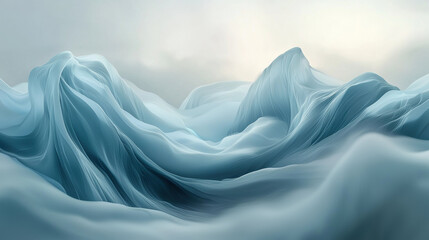 Aufkleber - Abstract flowing blue and white fabric like waves create serene and ethereal landscape, resembling soft mountains or clouds under calm light gray sky
