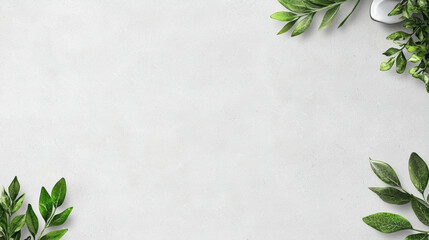 Poster - Minimalist light gray background with green leafy plants arranged in corners, creating fresh and natural frame. Perfect for eco friendly or nature inspired designs