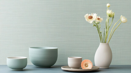 Poster - Soft pastel ceramic bowls and vases with delicate flowers on textured light gray background create serene and minimalist aesthetic