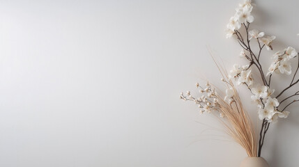 Fototapete - minimalist arrangement of white orchids and dried grass in beige vase against light taupe background, creating serene and elegant atmosphere