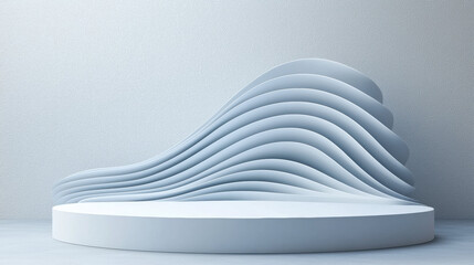 Poster - modern abstract design featuring white circular platform with layered, wave like structures in soft gray blue tones against textured background, evoking serene and futuristic ambiance