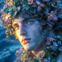 Leinwandbilder - Dionysus depicted in Sculpture set in Deep ocean evoking a Mysterious mood illuminated by Celestial light with a Bird's-eye view hyper-detailed vibrant colors intricate details