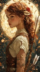 Aufkleber - Artemis depicted in Digital painting set in Mount Olympus evoking a Melancholic mood illuminated by Golden hour with a Bird's-eye view hyper-detailed vibrant colors intricate details