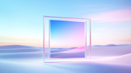 Fototapete - surreal landscape with soft pastel hues features transparent square frame reflecting dreamy sky, surrounded by smooth, undulating sand dunes