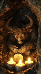Aufkleber - Minotaur depicted in Sculpture set in Labyrinth evoking a Tragic mood illuminated by Candlelit with a Action shot hyper-detailed vibrant colors intricate details