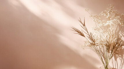 Fototapete - soft peach toned background with delicate dried flowers and grasses in vase, creating serene and minimalistic aesthetic with gentle natural light