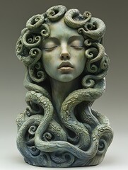 Aufkleber - Medusa depicted in Sculpture set in Mystical forest evoking a Melancholic mood illuminated by Dramatic shadows with a Heroic stance hyper-detailed vibrant colors intricate details