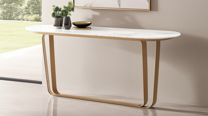 Wall Mural - Modern console table with marble top and gold metal legs, perfect for stylish interiors. Ideal for entryways or living rooms, adding elegance and functionality