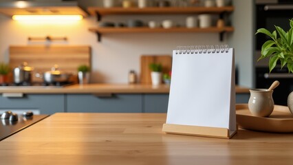 Colorful Calendar Mockup, Busy kitchen interior with photorealistic colorful calendar warm lighting cooking utensils.