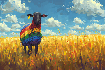 Individual black LGBT rainbow colored sheepon the field