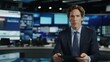 © Jaroon - News Anchor in Studio: A confident and professional news anchor, dressed in a sharp suit, delivers news updates from a modern news studio, creating a sense of authority and trustworthiness.