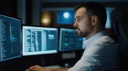 Late Night Coder: A focused and determined programmer works tirelessly late into the night, his eyes glued to the screen as he navigates lines of code.