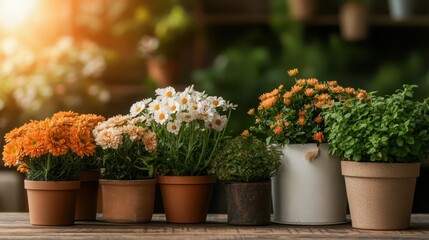 An array of vibrant potted flowers basking in the sunlight, showcasing the beauty of nature and the joy of gardening with a delightful composition on a wooden table.