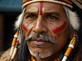 A weathered face tells a story: A close-up portrait of an indigenous man adorned with traditional headdress and face paint, his eyes hold a deep wisdom and a lifetime of experiences.  