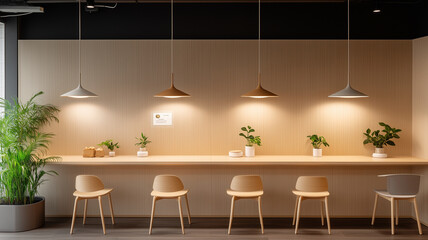 Wall Mural - modern workspace featuring minimalist design with wooden elements, plants, and stylish pendant lights. inviting atmosphere promotes relaxation and productivity