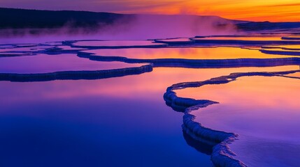 Wall Mural - Vibrant sunset over thermal pools with unique pattern and steam rising in a serene landscape