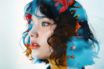 Wall Mural - A young woman with dark wavy hair and striking blue eyes, surrounded by vibrant floral hues in an artistic double exposure.