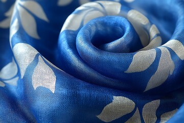 Wall Mural - Close-up of a swirling blue fabric with white floral patterns, creating a soft, elegant texture