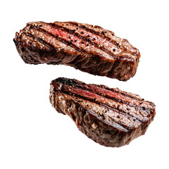 Sticker - Grilled beef steak with black pepper seasoning isolated on white transparent background. Concept of steakhouse cuisine and cooked meat