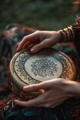 Woman holding a shamanic drum decorated with traditional ornaments, performing a ritual in nature