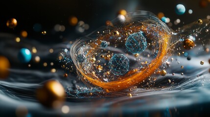 Aufkleber - Dynamic geometric forms spinning in orbital paths abstract space digital art cosmic environment close-up view