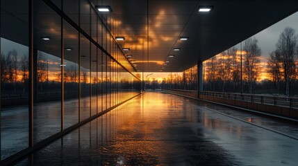 Wall Mural - urban sunset reflection city boulevard photography evening atmosphere wide angle minimal motion with