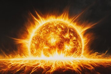 Wall Mural - fiery sun rising, cosmic horizon, burning sky, dramatic sunrise effect