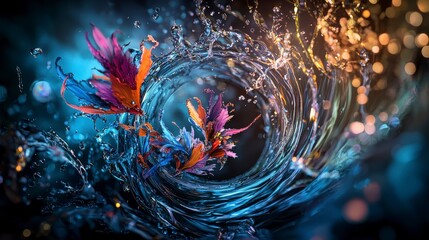 Fototapete - Dynamic water swirl with colorful flora underwater abstract art vibrant close-up visual illusion concept