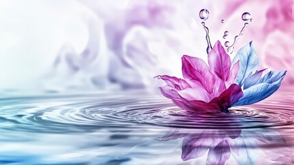Poster - Water droplets falling on softly colored lotus flower serene pond digital artwork tranquil setting aesthetic viewpoint
