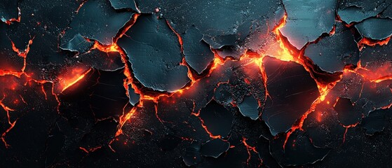 Wall Mural - digital artwork of cracked surface with glowing lava on matte black background for bold visuals