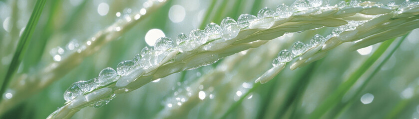 Fototapete - Close-up view of rice plants adorned with morning dew in a bright landscape setting