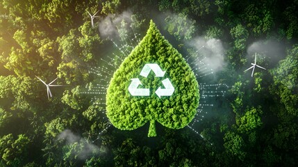 Aufkleber - Futuristic vision of a sustainable ecosystem that combines nature and advanced technology to reduce carbon emissions  The scene depicts a green forest shaped like a leaf with digital energy symbols