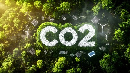 Poster - A highly detailed and visually striking representation of carbon neutrality featuring a lush green landscape where trees shape the letters  CO2