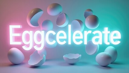 Wall Mural - Neon Eggcelerate Sign with Broken Eggshells Abstract Concept Image