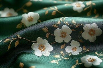 Wall Mural - Close-up of elegant green fabric with intricate floral embroidery showcasing delicate details