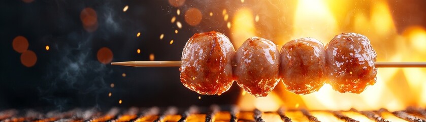 Grilled meatballs on a skewer, sizzling over an open flame, showcasing a smoky, appetizing cooking process.