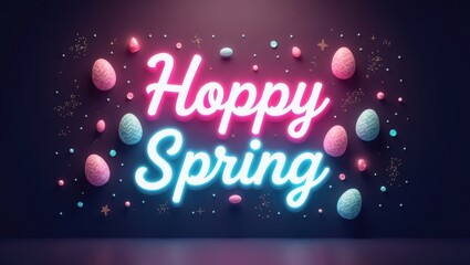 Wall Mural - Hoppy Spring Neon Sign with Pastel Easter Eggs and Confetti