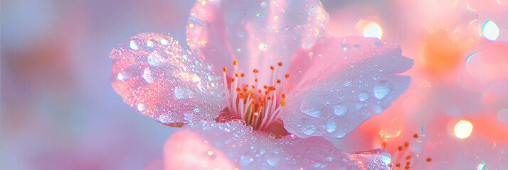 Fototapete - Dew-covered sakura petal shines brightly against a soft white background for a serene banner