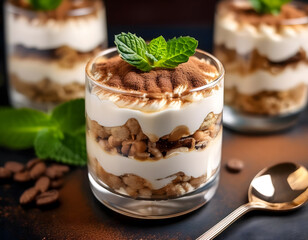 Sticker - Three glasses of tiramisu, garnished with mint and cocoa, stand on a dark surface with coffee beans and a spoon