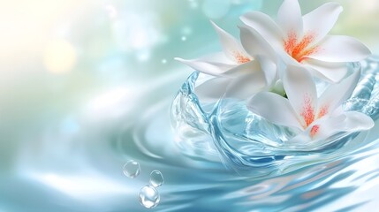 Aufkleber - Close up view of two beautiful delicate white lily or lotus flowers floating on a tranquil blue water surface with soft dreamy bokeh effect and gentle ripples  Serene calming