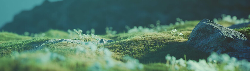 Fototapete - Blurred texture of moss growing on rock in soft green and gray tones with bright background