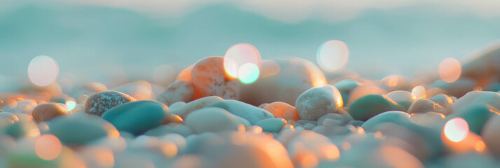 Fototapete - Blurred texture of pebbles on a beach with smooth bokeh circles for a bright background