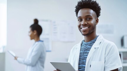 Wall Mural - Modern image of a smiling patient filling out forms on a tablet