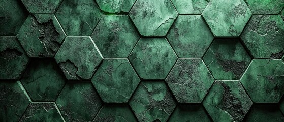 Wall Mural - hexagonal patterned dark green concrete wall with textured cracks and variations for modern design e