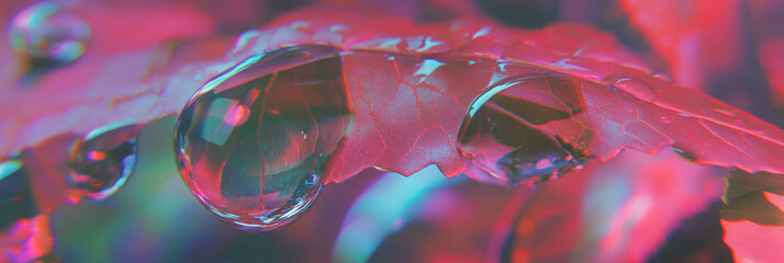 Fototapete - Bright droplets rest on textured leaf, reflecting vibrant foliage and nature's details