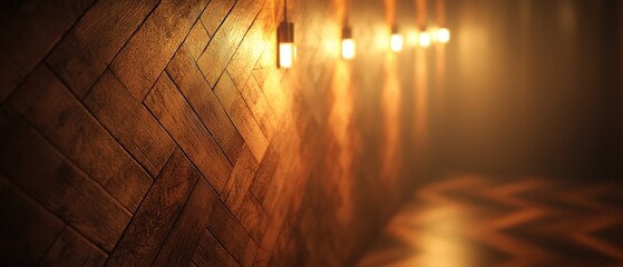 Wall Mural - warm brown wooden wall with diagonal plank pattern and subtle lighting creating an inviting atmosphe