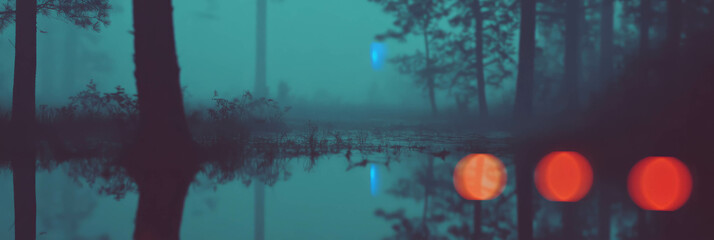 Fototapete - Droplets reflecting a blurred forest landscape with soft tonal gradients in bright ambiance