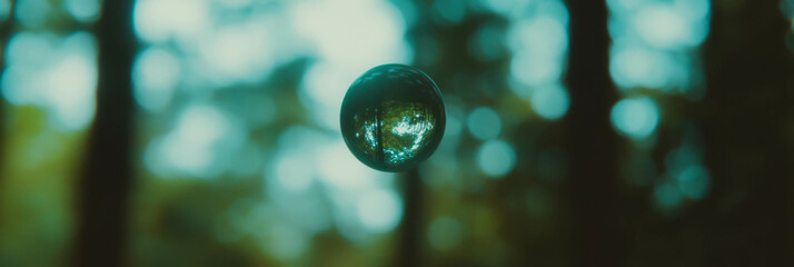 Fototapete - Droplets capturing reflections of a blurred forest landscape with bright tonal gradients